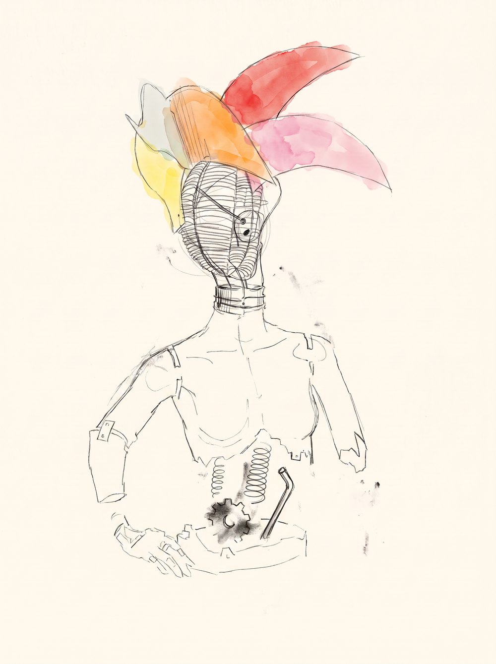 A loose sketch of the sculpture: the wire-cage head with watercolor petals and the body in broken lines