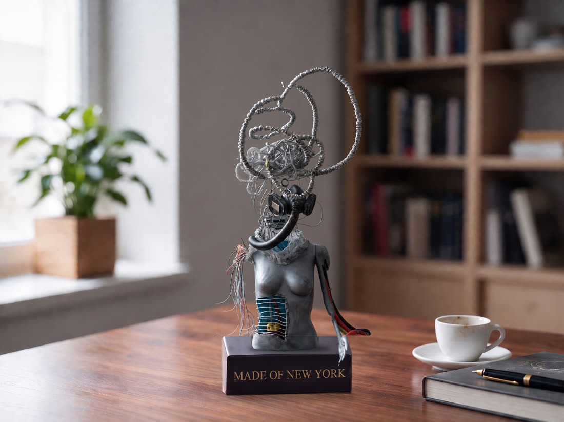 Small edition of Sculpture III, with the wire crown, on a walnut desk