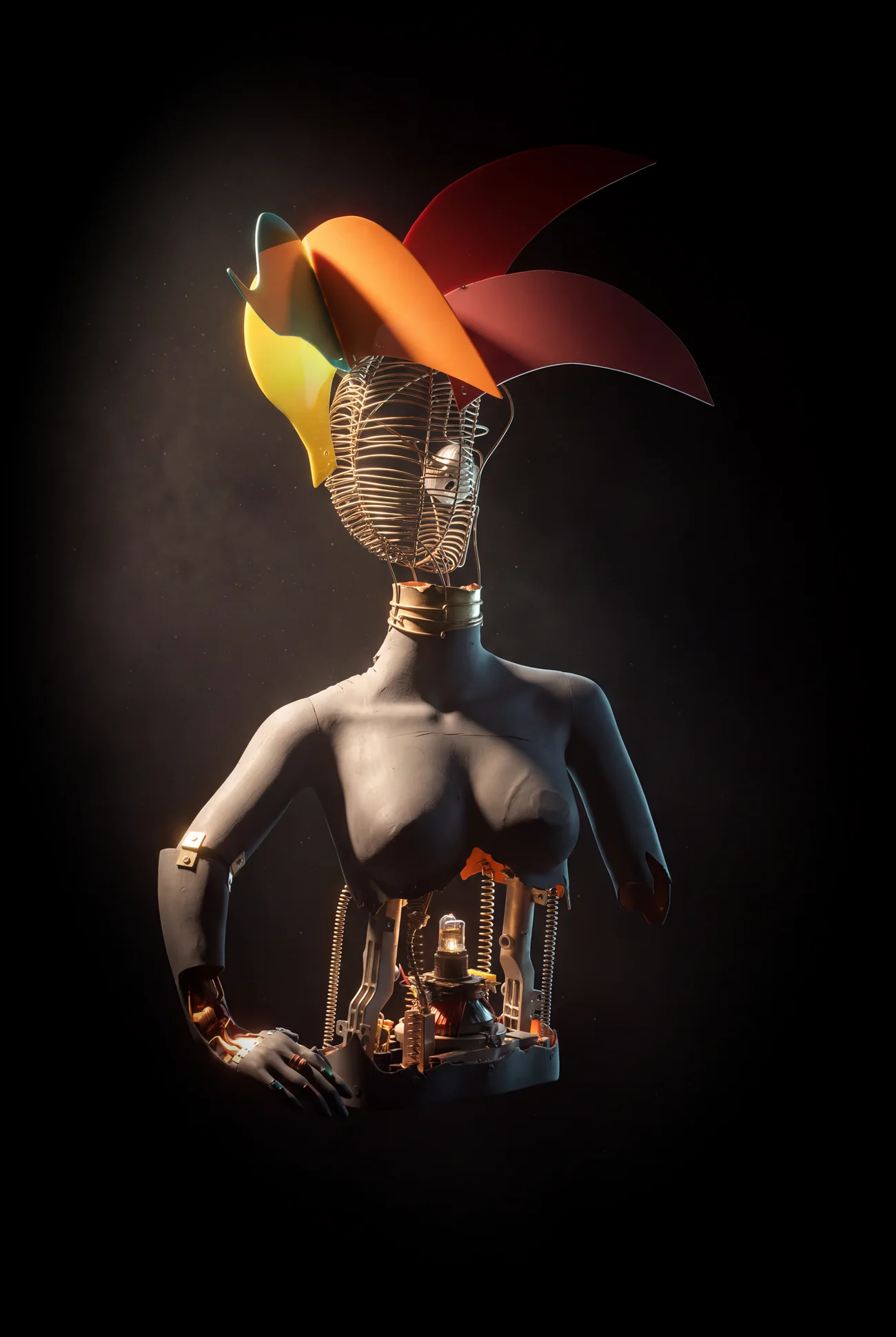 Sculpture I, from the front: a face of braided steel wire beneath a crown of colored acrylic petals, on a grey mannequin torso with exposed electronics