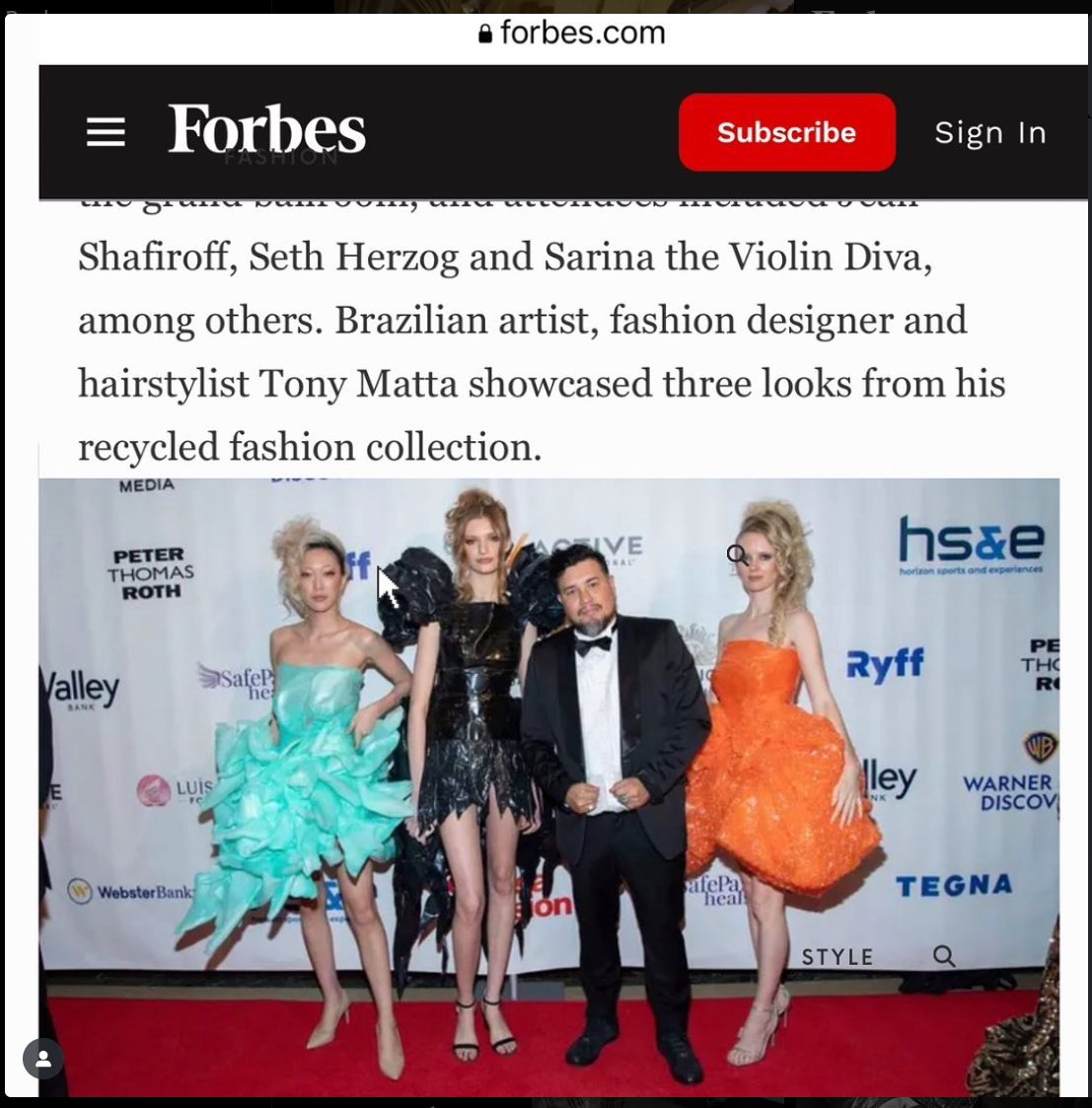 Forbes article citing Tony Motta's recycled fashion collection