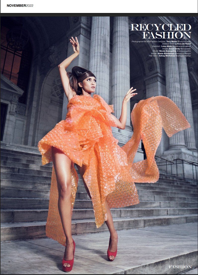 Fashion Style Magazine page, Recycled Fashion: a model in the orange bubble-wrap gown on the steps