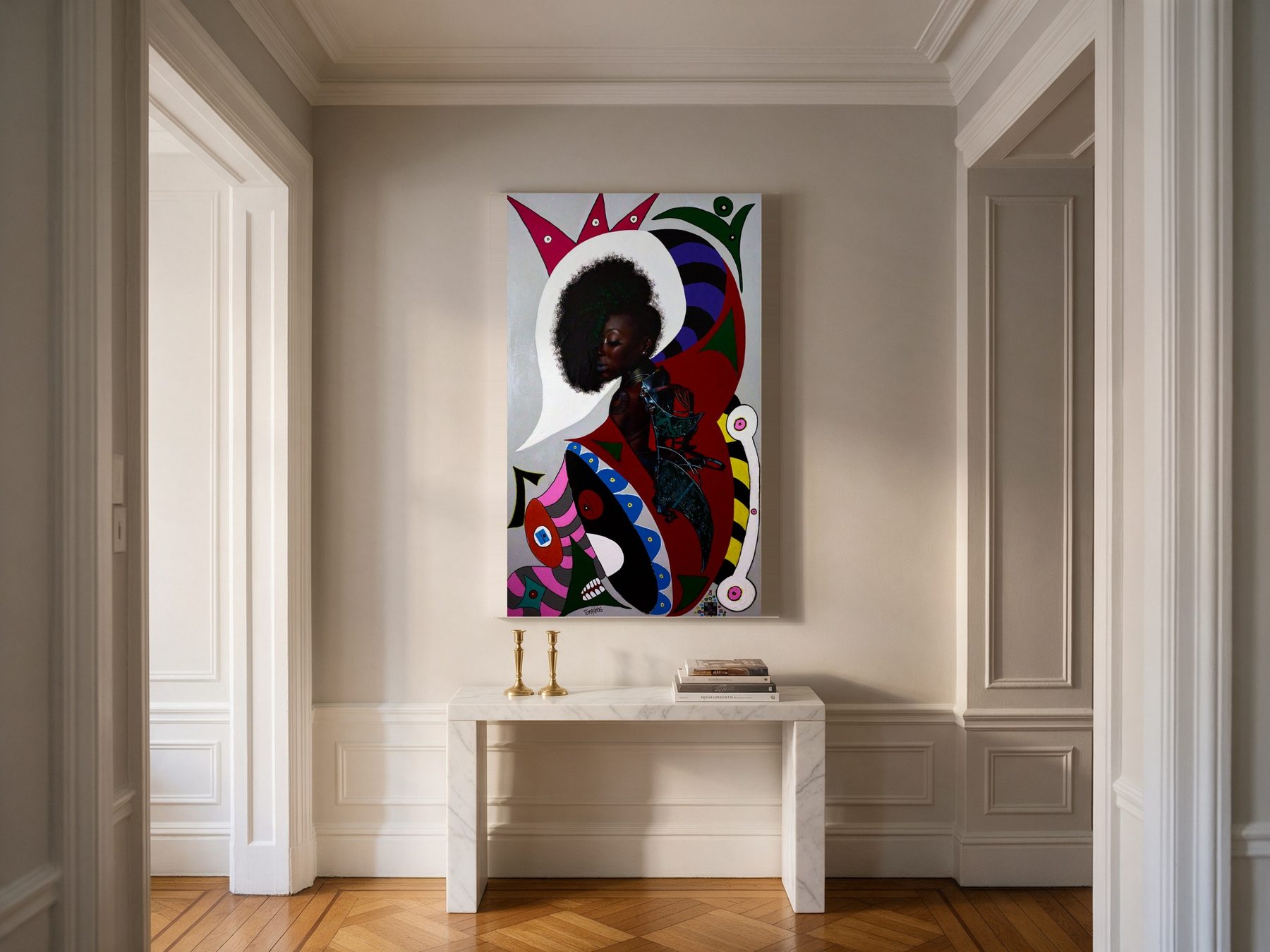 A painting in the classic entrance of an Upper East Side apartment