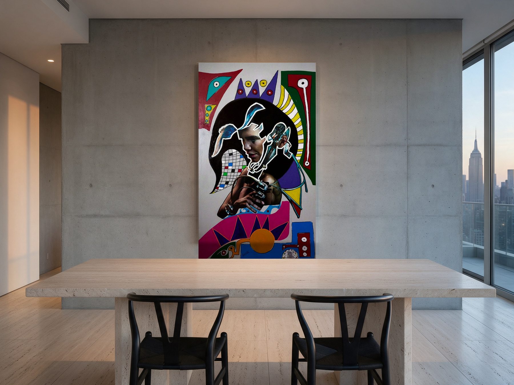 A painting on a concrete wall above a dining table, with Manhattan through the window