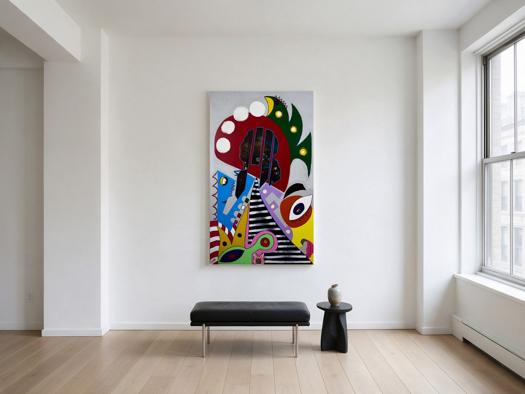 A painting in a white loft, above a black bench